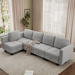 Grey modular sectional sofa with chaise seating and removable cushion covers