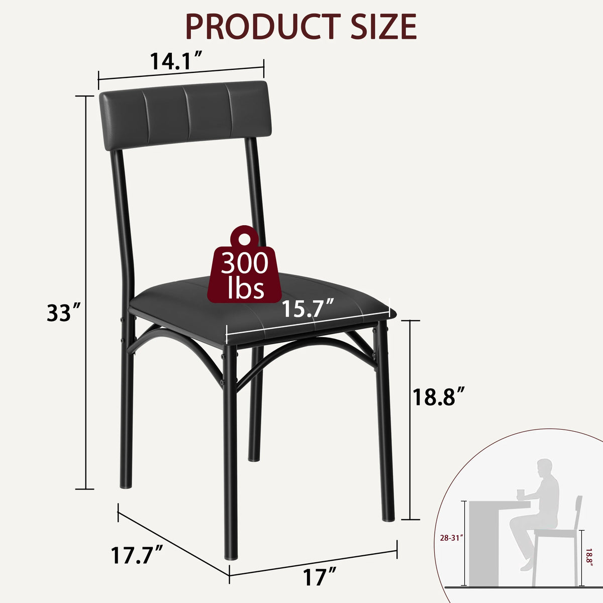 Black dining chair height size diagram with seat and backrest measurements