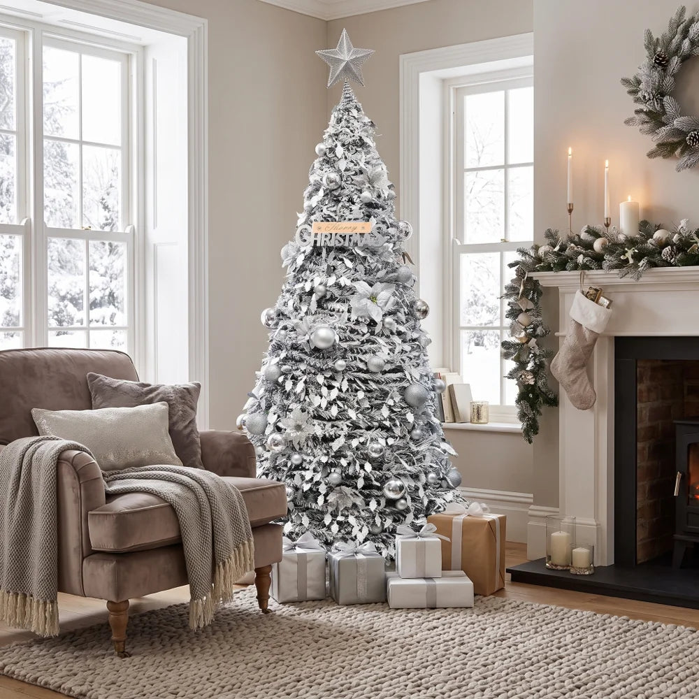 Pre-lit pop-up Christmas tree with silver baubles and warm white LED lights, star topper