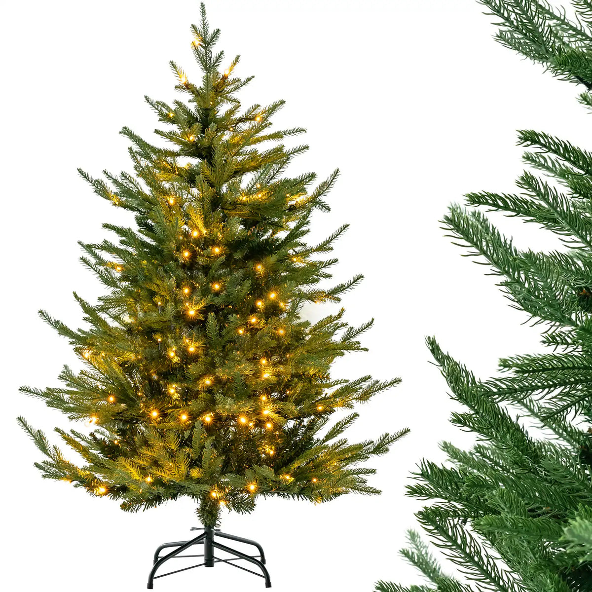Artificial Christmas tree with light green tips, warm LED lights, black hinged stand