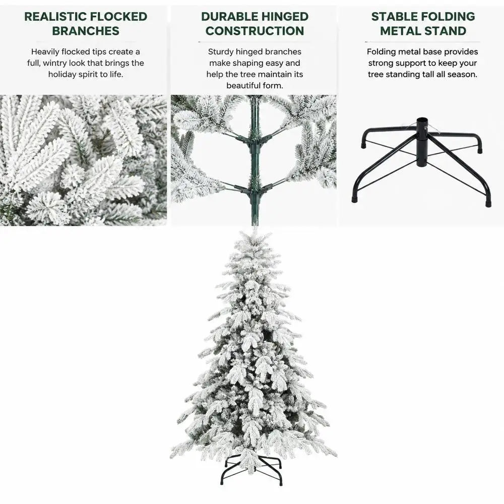 Flocked artificial Christmas tree with folding metal stand and dense snow tips