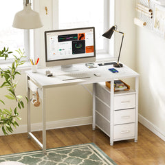White computer desk with side drawers and open cabinet, tabletop power panel visible