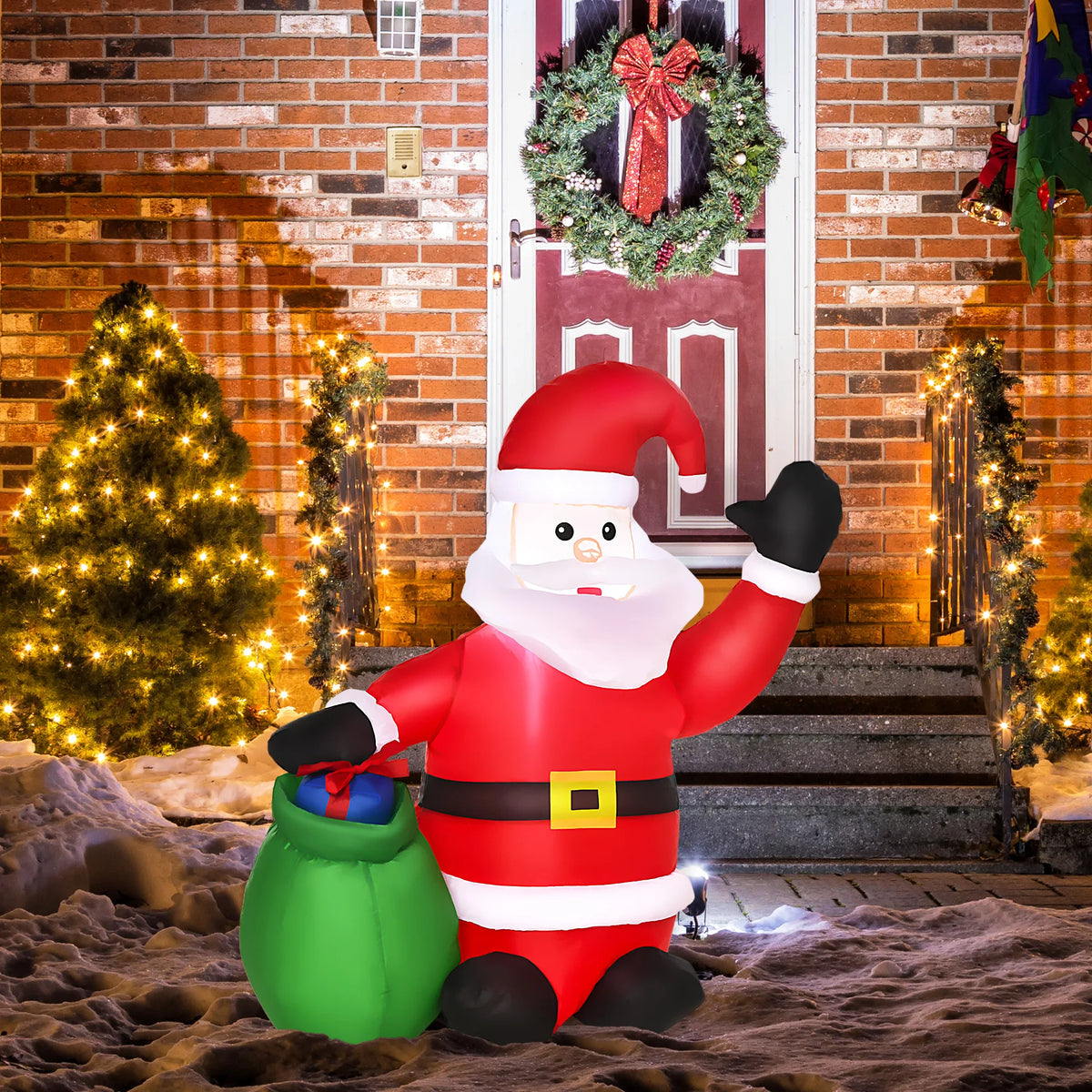 Inflatable Santa Claus decoration in red suit, green gift sack, LED lights, black boots