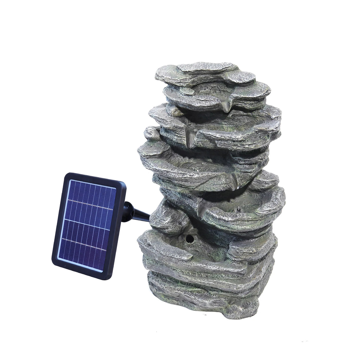 Solar outdoor rockery fountain with pump, gray stone stacked bowls and blue solar panel