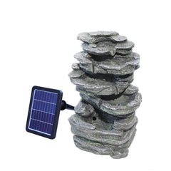 Solar outdoor rockery fountain with pump, gray stone stacked bowls and blue solar panel