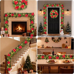 Holiday wreath centerpiece with red ribbon flowers and warm string lights