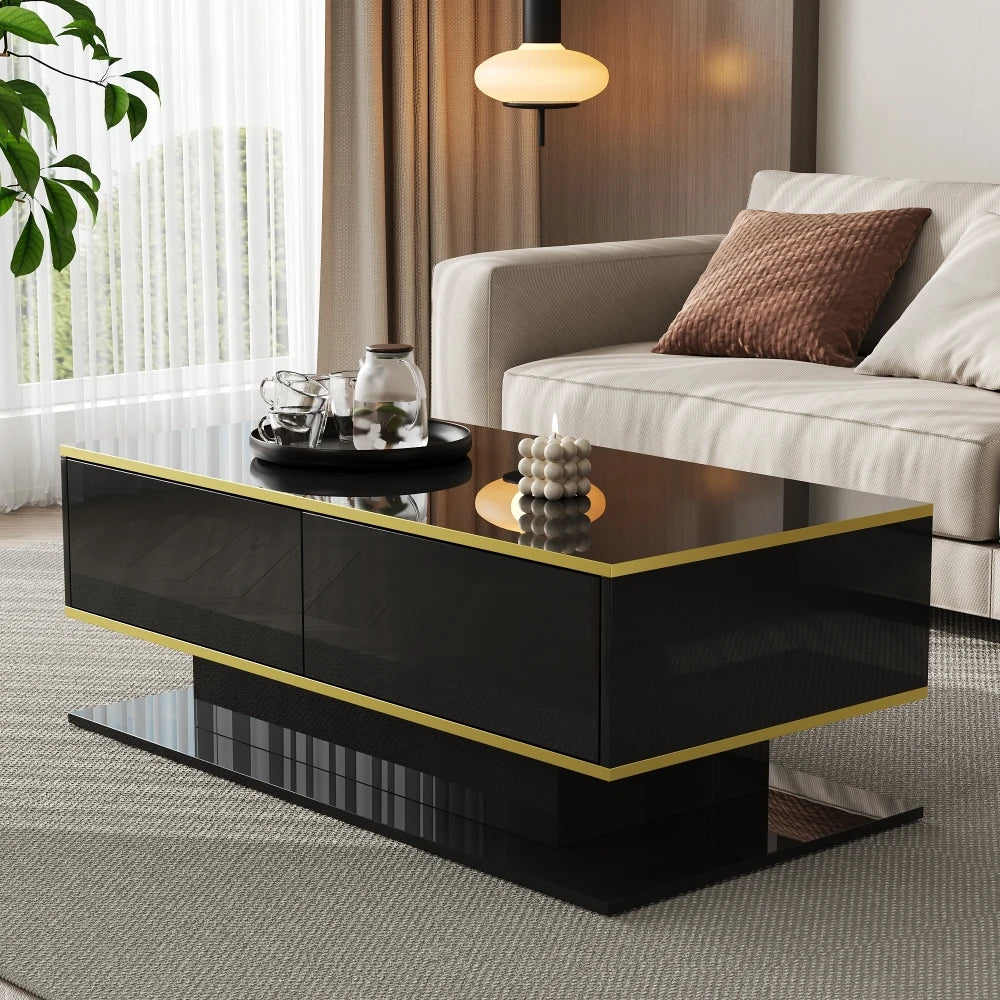 Black high-gloss coffee table with gold trim and illuminated purple LED underframe
