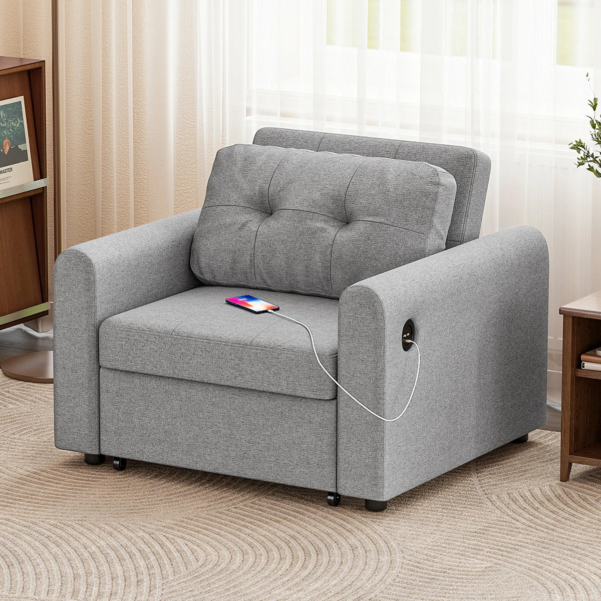 Light grey single sofa bed chair with tufted back and built-in pull-out mattress