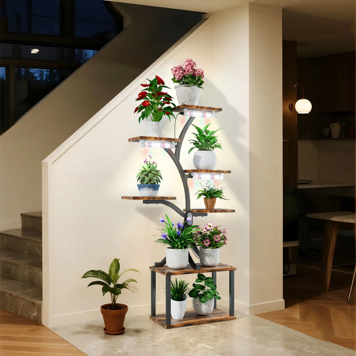Tree-shaped 7-tier metal plant stand with potted flowers and small built-in lights