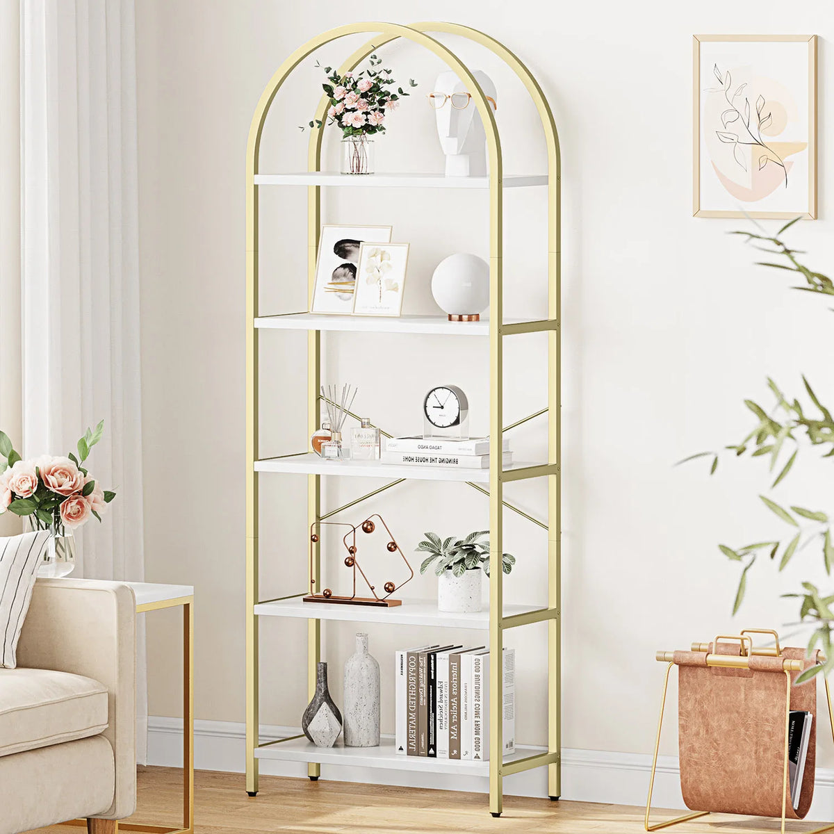 5-tier arched open bookcase with gold metal frame and light wood shelves