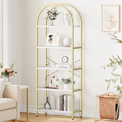 5-tier arched open bookcase with gold metal frame and light wood shelves