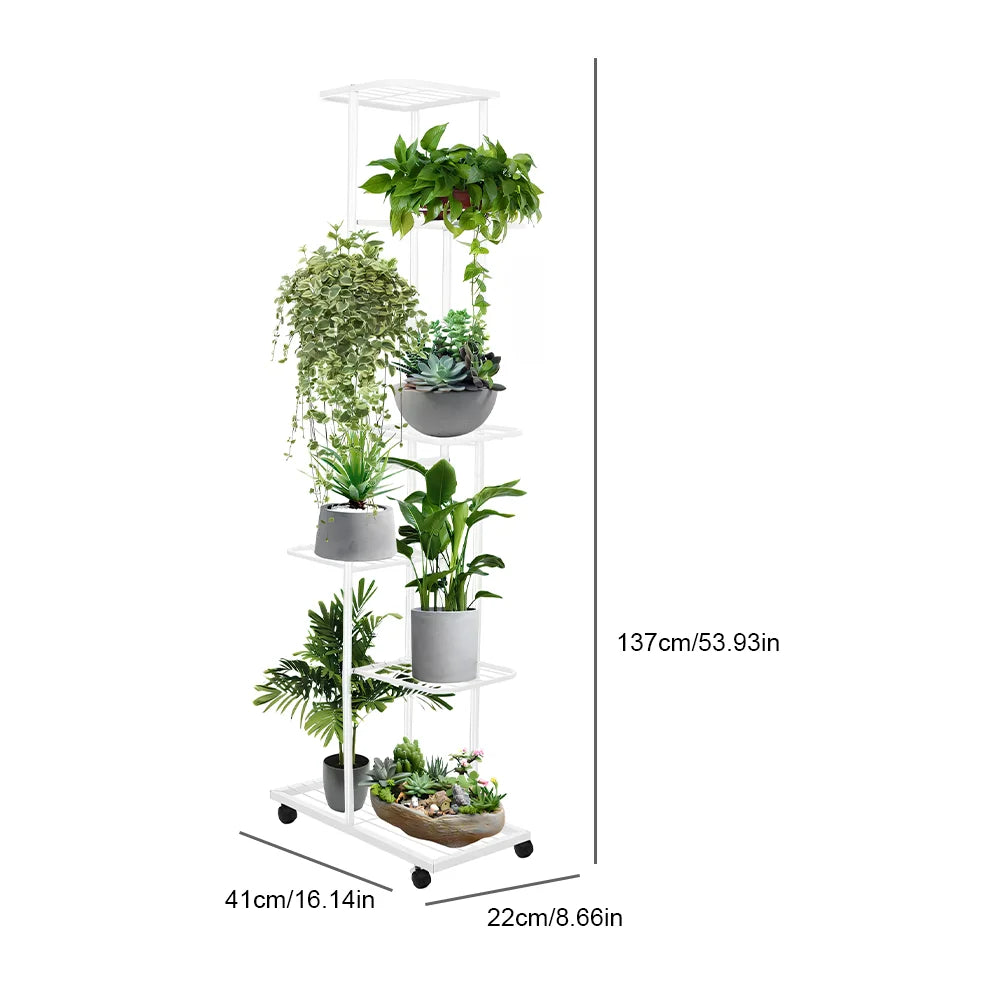 White 3-tier plant stand rack with wheels, holding assorted potted plants