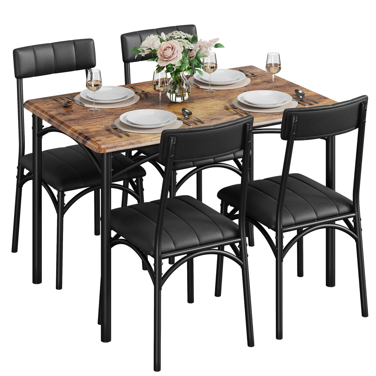 Rectangular dining table with dark wood-look top and black upholstered chairs, set for 4