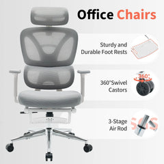 Gray mesh office chair display with footrest, 360 swivel casters, and air rod