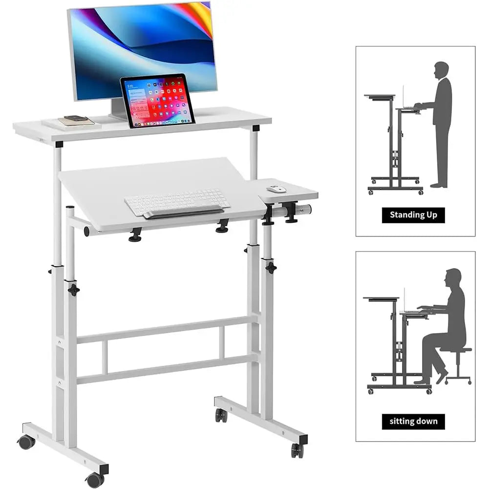 White tilting standing desk with built-in keyboard tray, two monitors, caster wheels