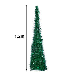 Green collapsible tinsel Christmas tree, 1.2 m height shown with arrow.