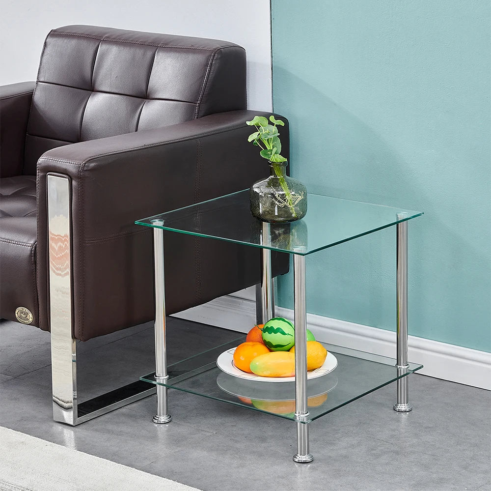 Square 2-tier clear glass end table with stainless steel legs