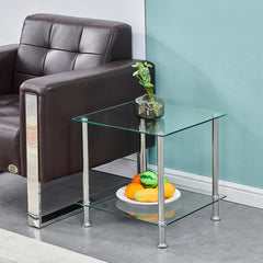 Square 2-tier clear glass end table with stainless steel legs