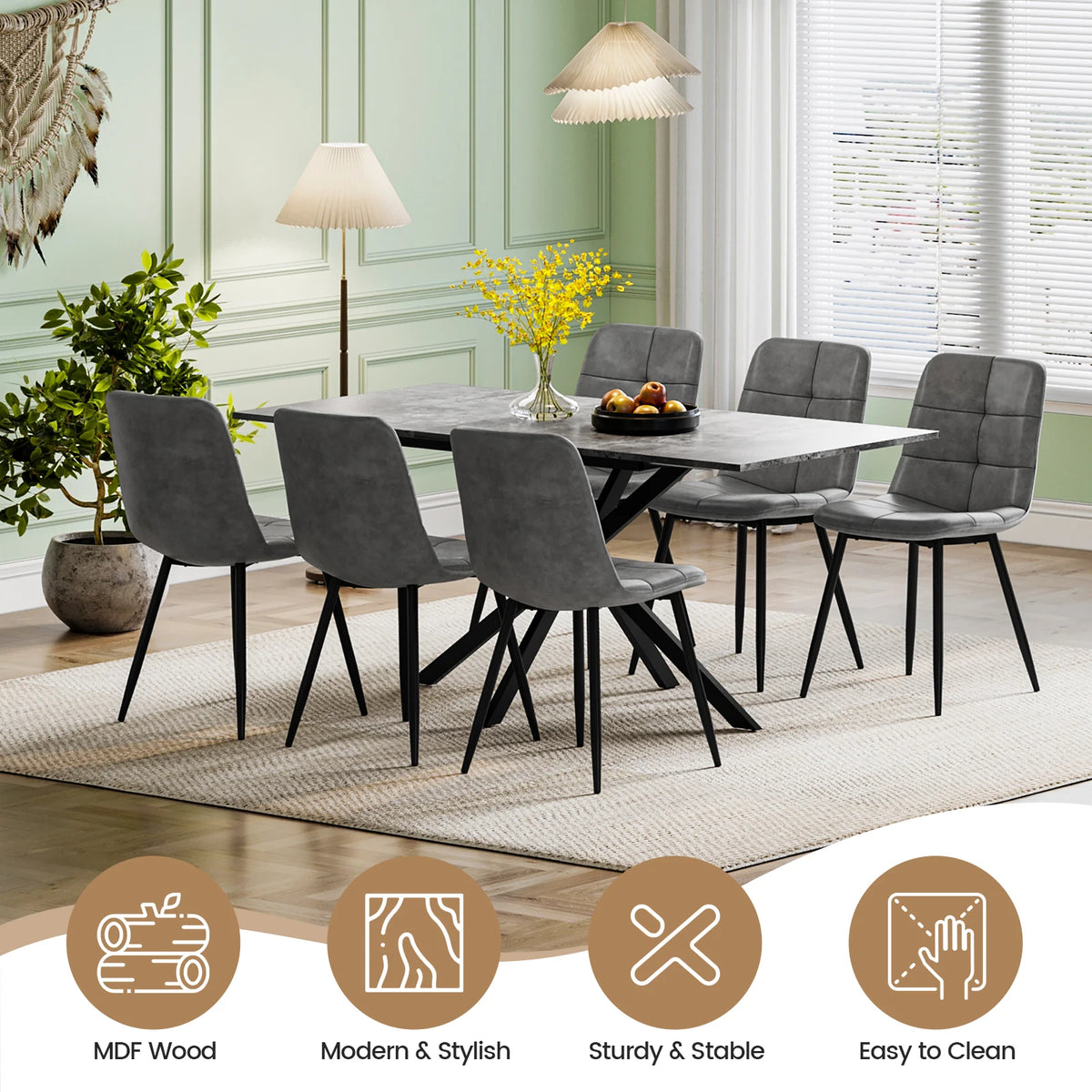 Rectangular extendable dining table with dark tabletop and black X-frame base.