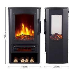 Freestanding electric fireplace heater, front and side view, dark metal body