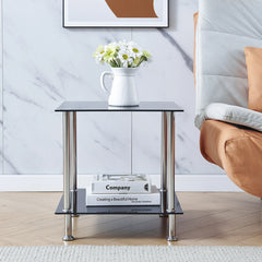 Square 2-tier black glass end table with stainless steel legs