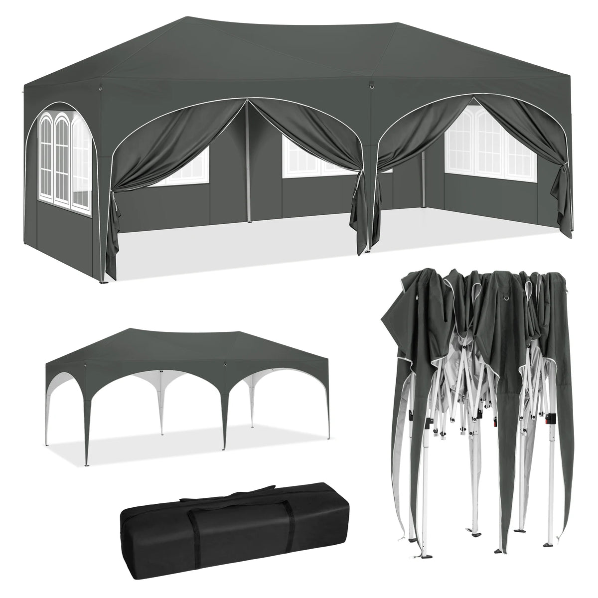Gray folding pavilion gazebo with canopy and sidewalls, arched openings, with stakes