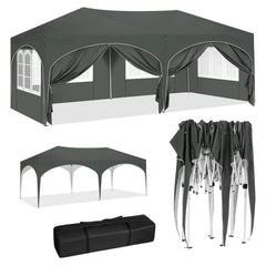 Gray folding pavilion gazebo with canopy and sidewalls, arched openings, with stakes