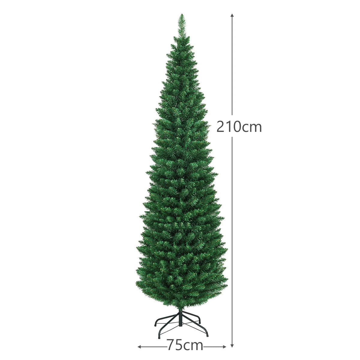 Green slim pencil artificial Christmas tree with hinged metal stand