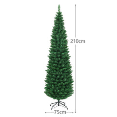 Green slim pencil artificial Christmas tree with hinged metal stand