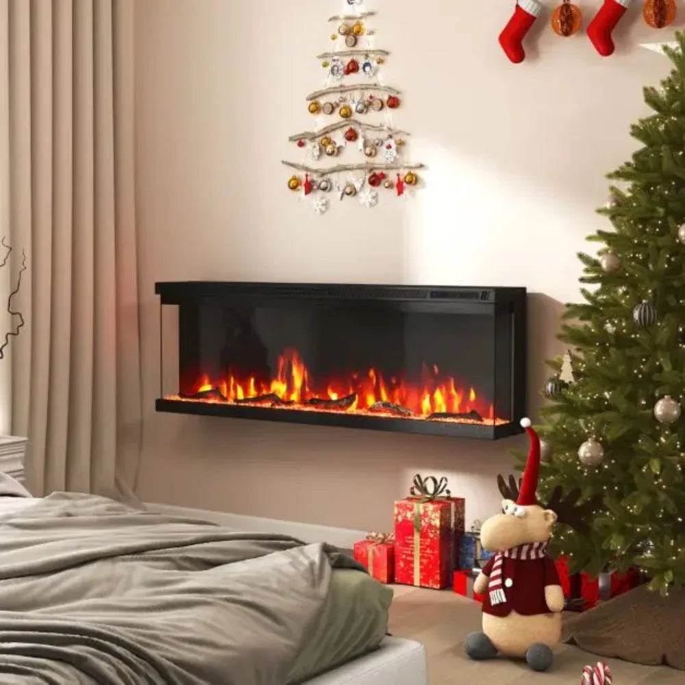 Black 3-sided electric fireplace heater with orange flame effect and front glass panel