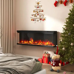 Black 3-sided electric fireplace heater with orange flame effect and front glass panel