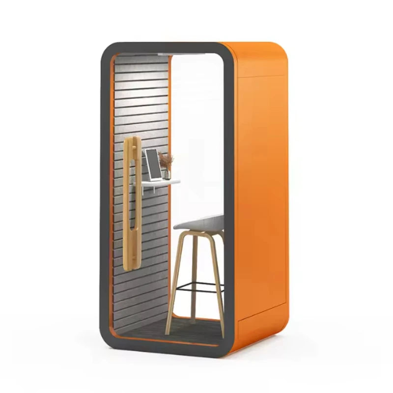 Portable quiet work pod in orange with glass door, side bench seating, and stool desk