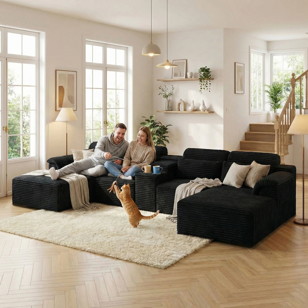 Black corduroy modular U-shape sectional sofa with center cup holders and armrests