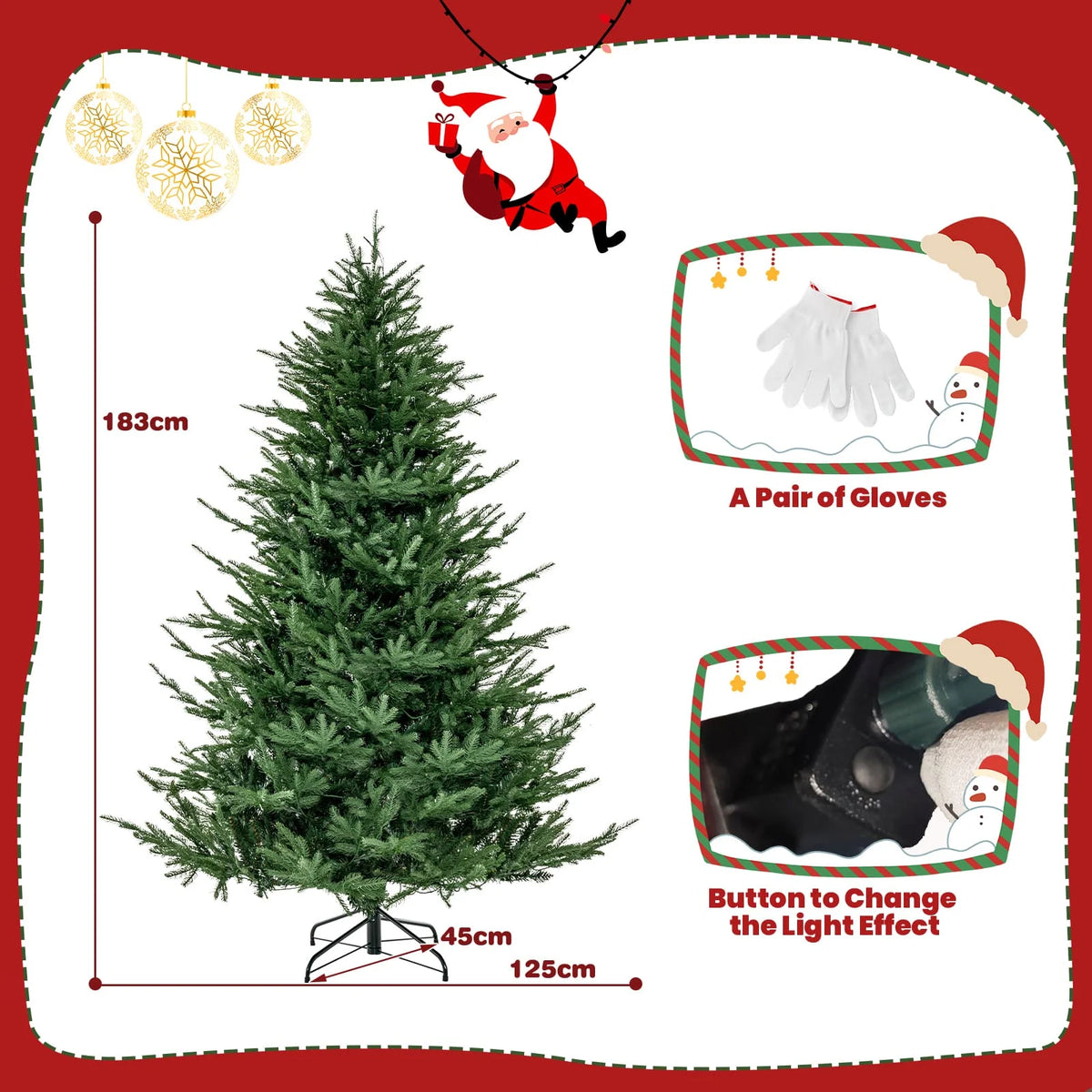 Light green artificial Christmas tree with hinged sections and metal stand