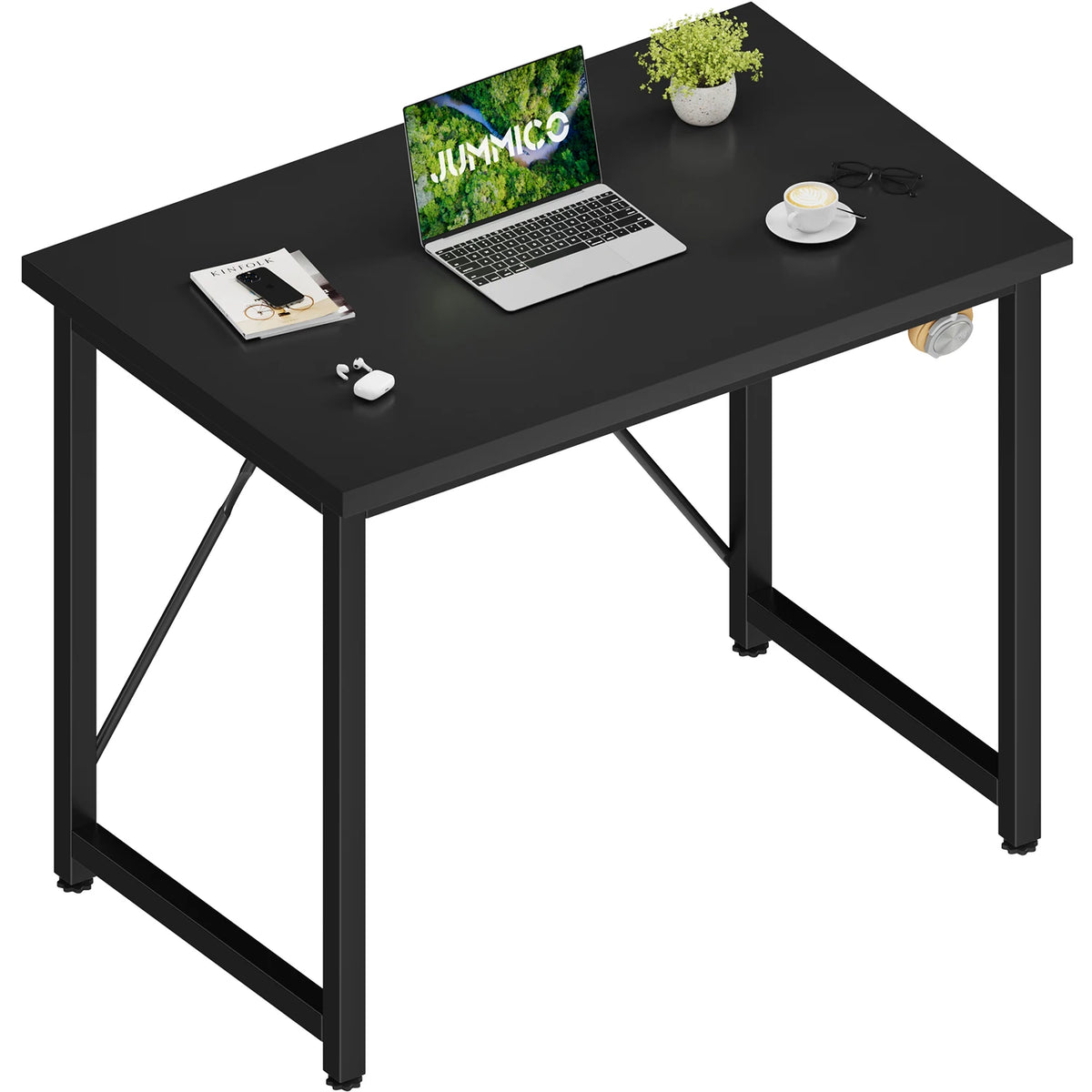 Black computer desk with waterproof scratch-resistant tabletop and metal frame legs