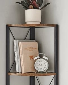 Corner bookshelf shelf with wood-look shelves, black metal frame, books and alarm clock