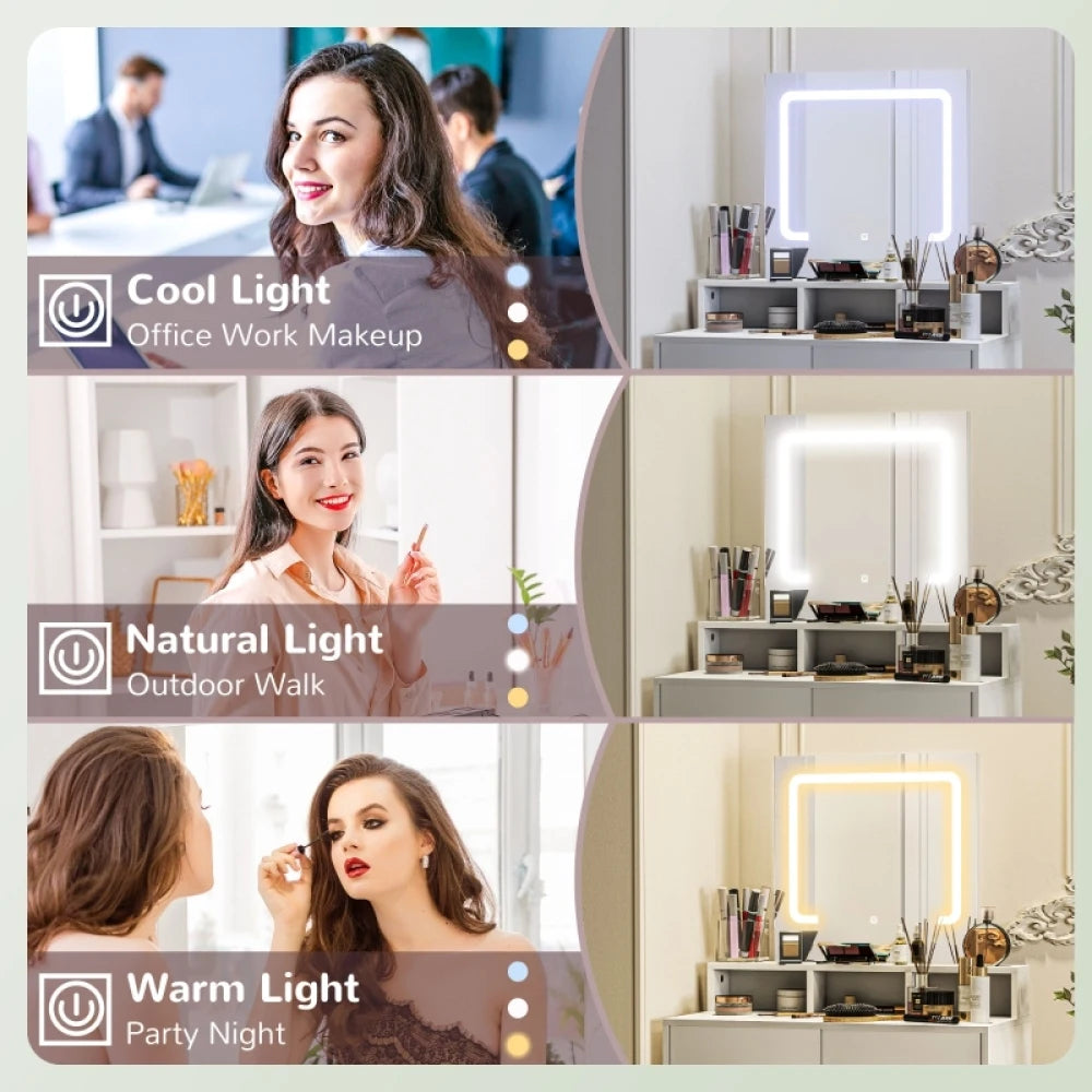 White makeup vanity desk with illuminated mirror and countertop compartments