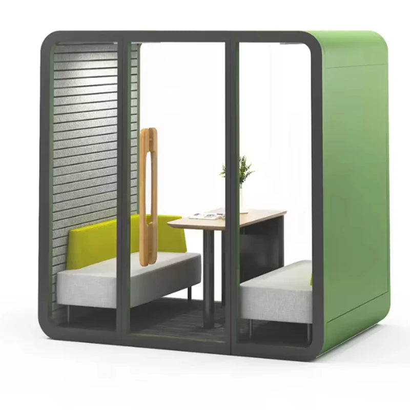 Portable quiet work pod in green with glass doors, bench seating, and desk inside