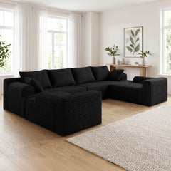 Black U-shaped sectional sofa with deep seats and multiple back cushions