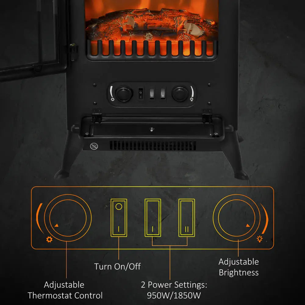 Black electric fireplace stove showing flame insert and front control knobs and buttons