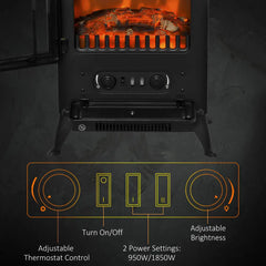 Black electric fireplace stove showing flame insert and front control knobs and buttons