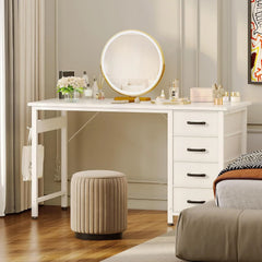 White vanity-style computer desk with three drawers and open shelf under countertop