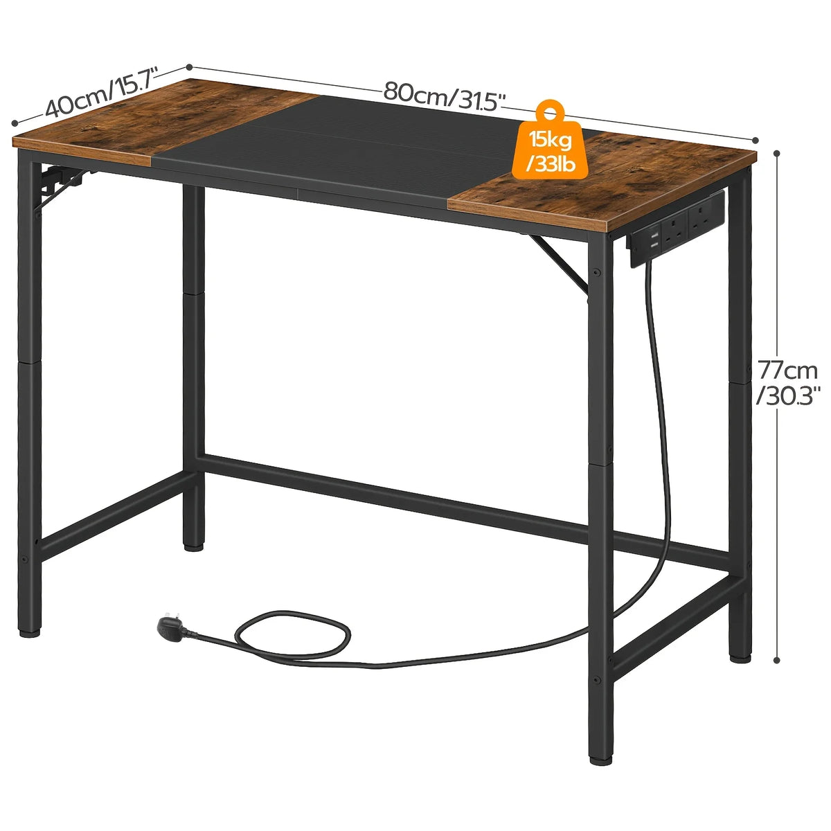 Brown and dark computer desk with power outlet panel and cord for work setup