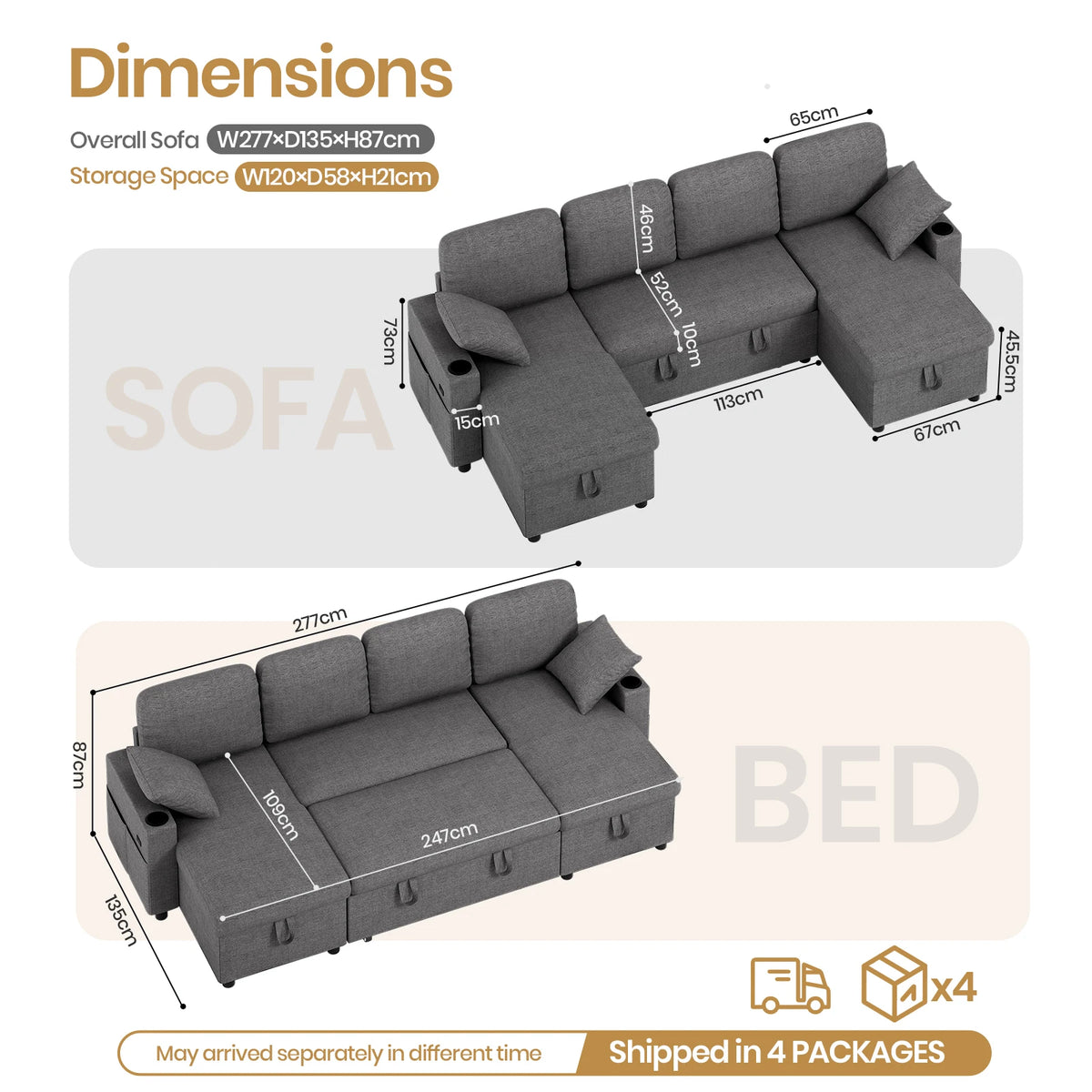 Grey U-shaped convertible sectional sleeper sofa with storage, shown in diagrams