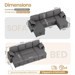 Grey U-shaped convertible sectional sleeper sofa with storage, shown in diagrams
