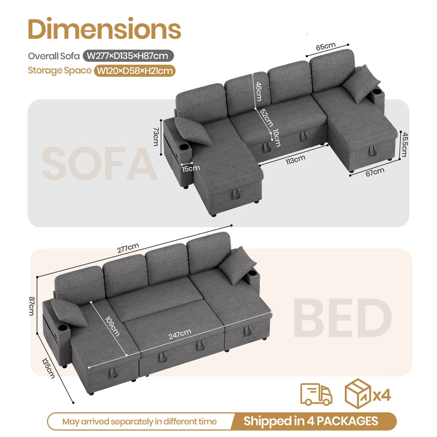 Grey U-shaped convertible sectional sleeper sofa with storage, shown in diagrams