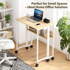Small laptop writing desk with wheels, light wood top, white frame, open storage