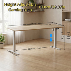 Height-adjustable gaming desk with light wood tabletop and white lift frame legs
