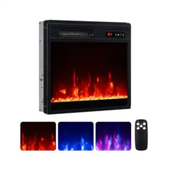 Black electric fireplace insert with red flame screen and included remote control