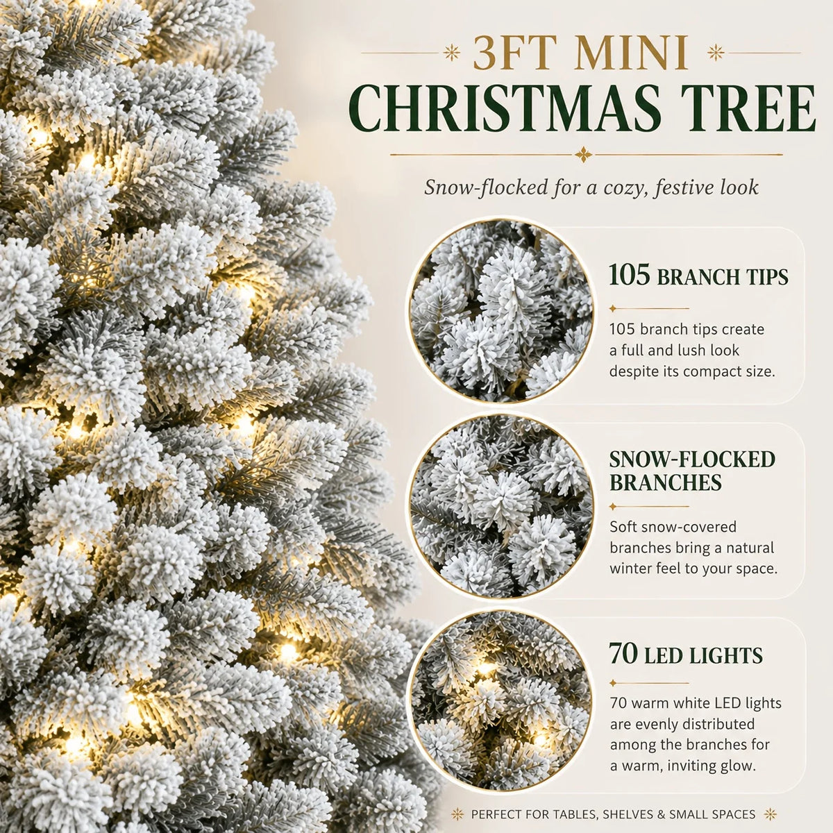 Snow-frosted mini Christmas tree with warm white LED lights, close-up branch tips graphic